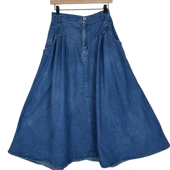 Cherokee || Vintage Denim Skirt Full A-Line High Waist Midi Prairie Sz 26 - Picture 3 of 7